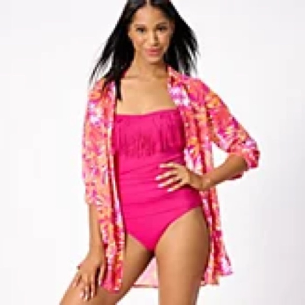 Belle by Kim Gravel Raspberry Palm Swim Coverup, sheer size M, never worn.